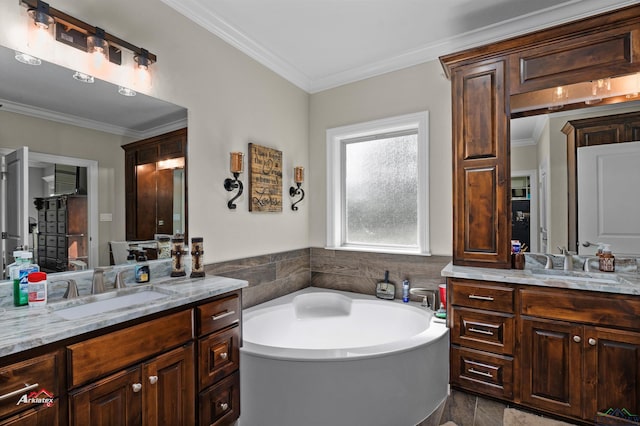 bathroom with vanity and crown molding