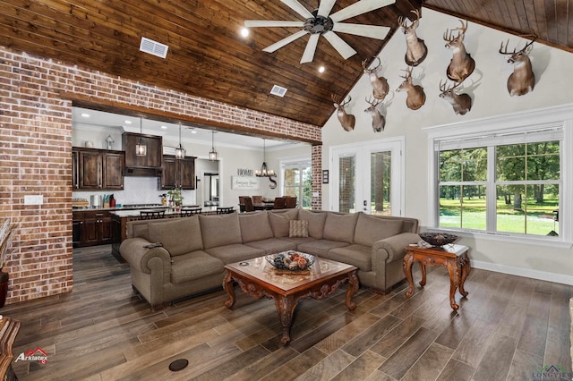 living room featuring a wealth of natural light, ceiling fan, french doors, and high vaulted ceiling