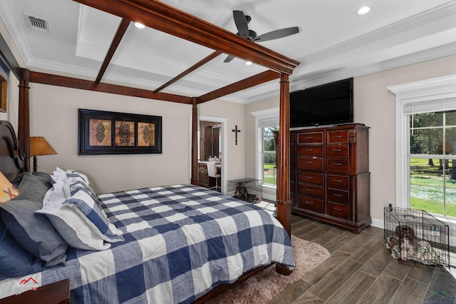 bedroom featuring ceiling fan and ornamental molding