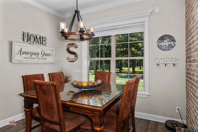 dining room with a chandelier, dark hardwood / wood-style flooring, and crown molding