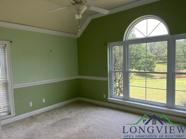 carpeted spare room with crown molding and ceiling fan