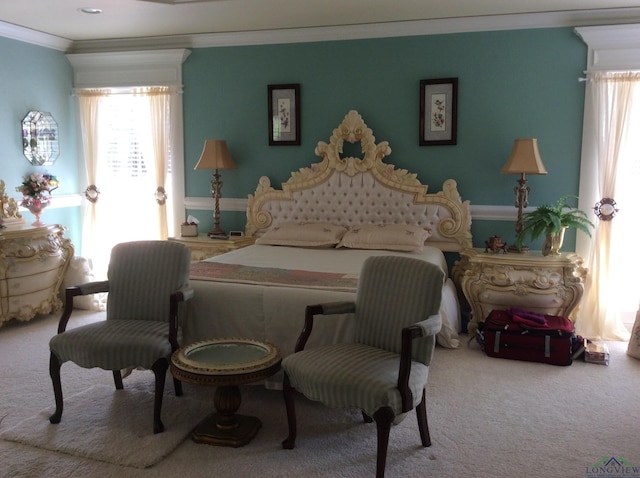 bedroom featuring carpet floors and ornamental molding