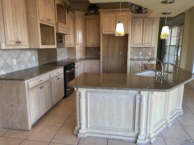 kitchen featuring black / electric stove, sink, dark stone countertops, and light brown cabinets