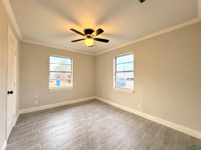 unfurnished room featuring wood-type flooring, crown molding, a textured ceiling, and ceiling fan