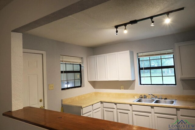 2104 Ark St, Marshall, TX 75670 - kitchen with track lighting, white cabinetry, and light countertops