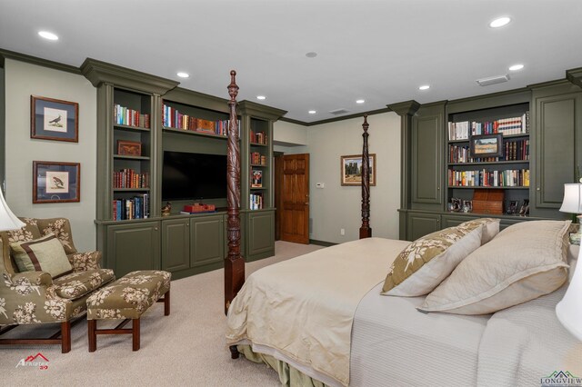 bedroom with crown molding and light colored carpet