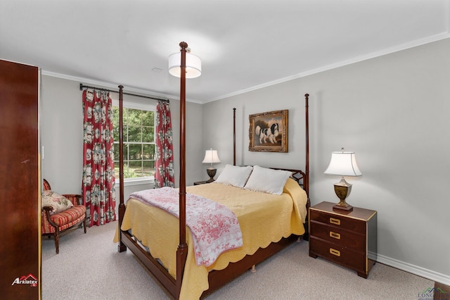 carpeted bedroom with ornamental molding