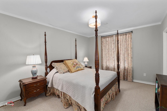 bedroom with crown molding and light colored carpet