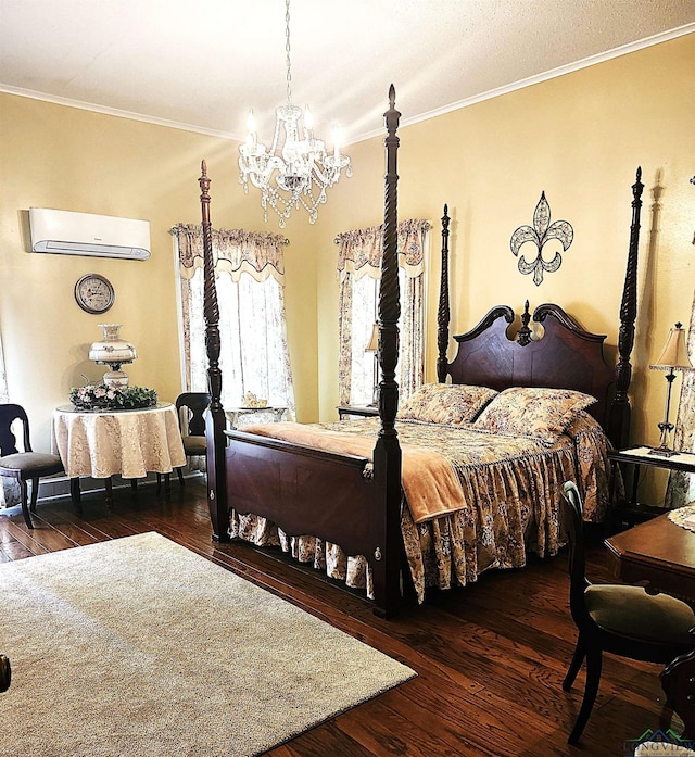 bedroom featuring a wall mounted air conditioner, dark hardwood / wood-style flooring, and crown molding