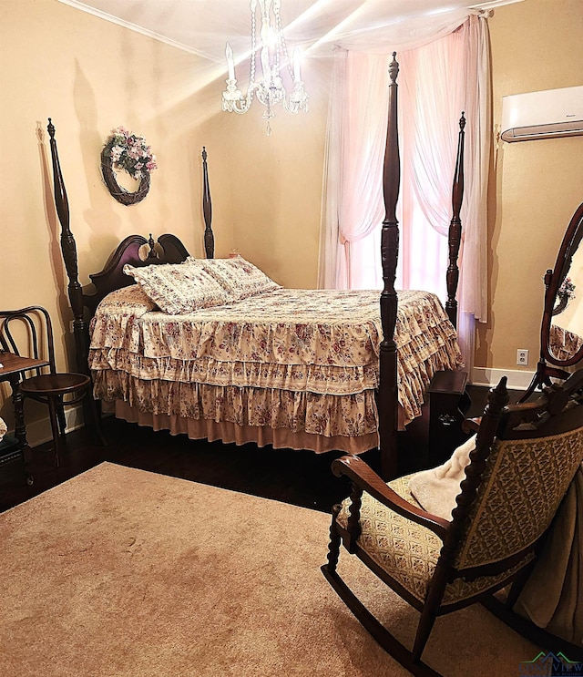 carpeted bedroom with a chandelier and a wall mounted AC