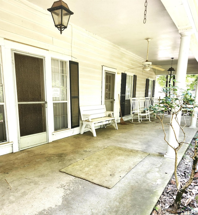 view of patio / terrace featuring ceiling fan and a porch