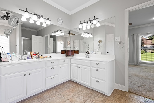 5201 Whitaker, Longview, TX 75605 - full bathroom with double vanity, crown molding, a shower with door, tile patterned flooring, and a ceiling fan