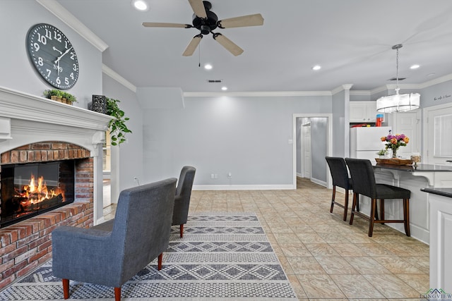 5201 Whitaker, Longview, TX 75605 - living room with ornamental molding, recessed lighting, a brick fireplace, ceiling fan, and a chandelier