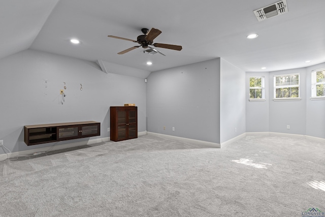 5201 Whitaker, Longview, TX 75605 - unfurnished living room featuring recessed lighting, carpet, ceiling fan, and lofted ceiling
