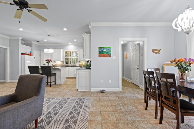 5201 Whitaker, Longview, TX 75605 - living room featuring a chandelier, ornamental molding, a ceiling fan, recessed lighting, and light tile patterned flooring