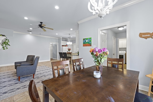 5201 Whitaker, Longview, TX 75605 - dining space with washer / clothes dryer, ornamental molding, a chandelier, light tile patterned floors, and recessed lighting
