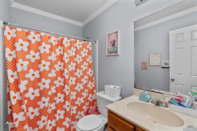 bathroom with a shower with shower curtain, vanity, toilet, and ornamental molding