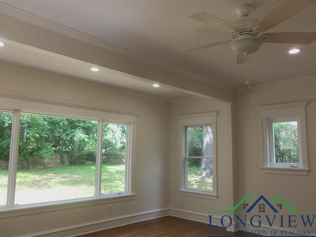 spare room featuring dark hardwood / wood-style floors, ceiling fan, and ornamental molding