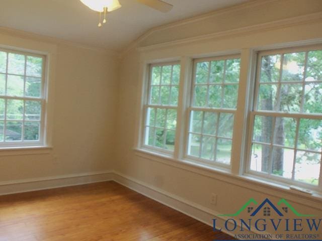 spare room featuring plenty of natural light, ceiling fan, light hardwood / wood-style floors, and lofted ceiling