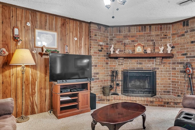 living area featuring carpet floors, a textured ceiling, and wooden walls