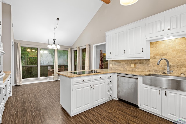 kitchen with white cabinetry, dishwasher, sink, backsplash, and kitchen peninsula