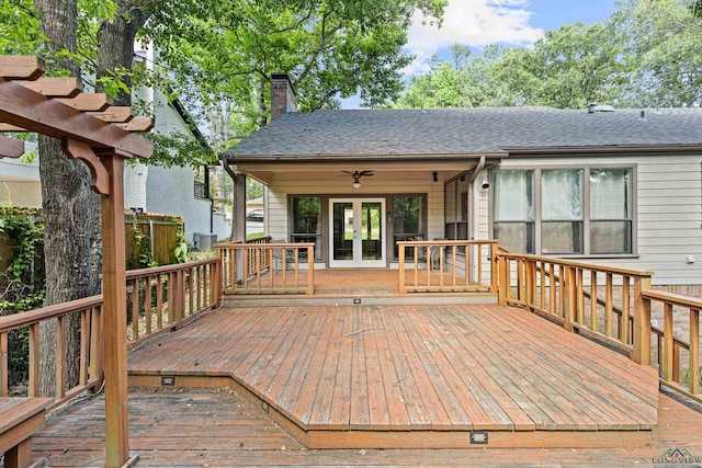 deck featuring ceiling fan, french doors, and central AC unit