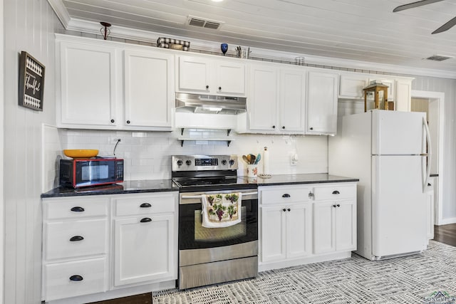 kitchen with white cabinetry, ornamental molding, white refrigerator, and electric range