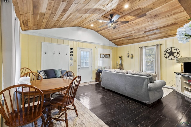 dining area with lofted ceiling, wood ceiling, and dark wood-type flooring