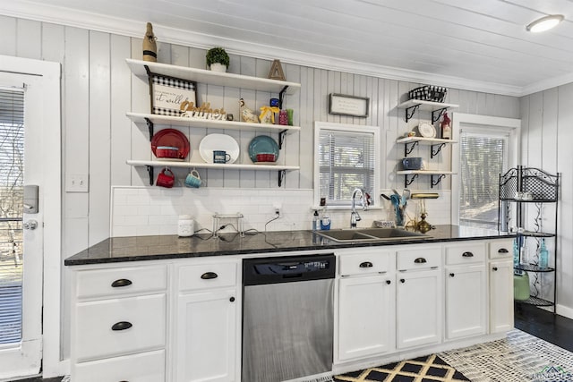 kitchen with crown molding, stainless steel dishwasher, sink, and white cabinets