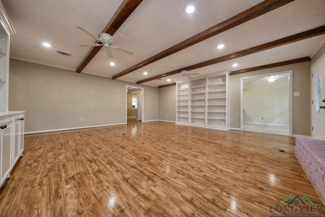 unfurnished living room featuring beamed ceiling, ceiling fan, a textured ceiling, and light hardwood / wood-style flooring