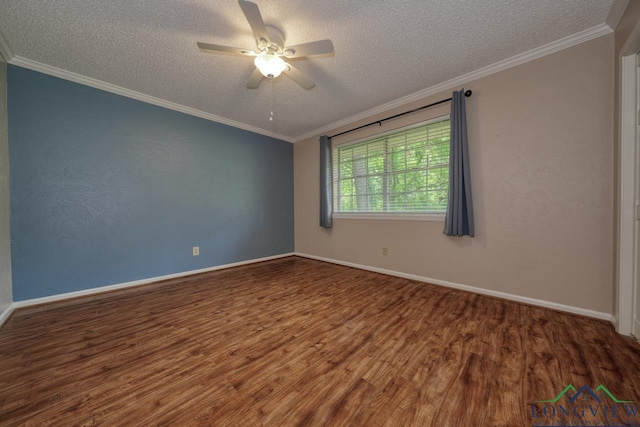 empty room featuring crown molding, ceiling fan, a textured ceiling, and hardwood / wood-style flooring