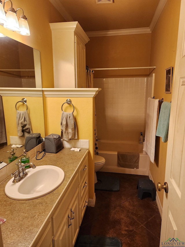 full bathroom with shower / tub combo with curtain, tile patterned flooring, vanity, toilet, and crown molding