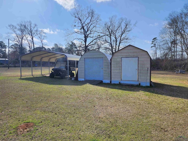 exterior space with a carport and a lawn