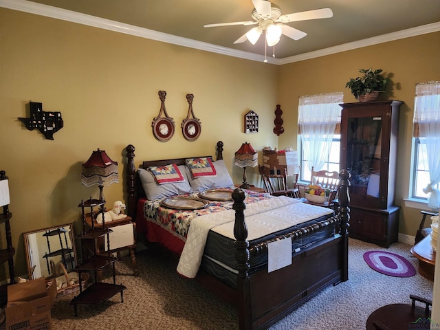 bedroom with multiple windows, crown molding, and carpet floors