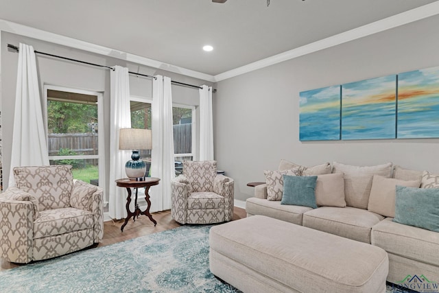 living room with hardwood / wood-style flooring, ceiling fan, and ornamental molding