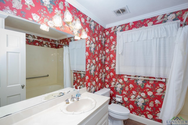 15 Rockwall Dr, Longview, TX 75604 - full bathroom featuring wallpapered walls, vanity, crown molding, and shower / bath combo with shower curtain