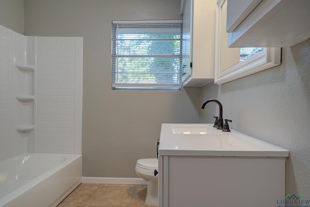 full bathroom featuring tile patterned flooring, vanity, toilet, and washtub / shower combination