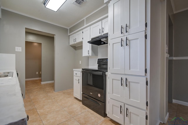 kitchen featuring white cabinets, black range with electric stovetop, sink, and light tile patterned floors