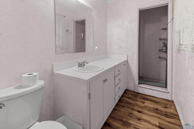 bathroom featuring wood-type flooring, vanity, and toilet