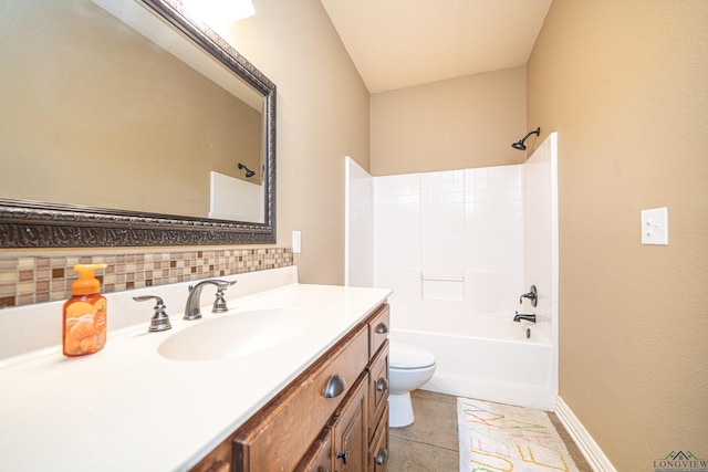 full bathroom featuring tasteful backsplash, tile patterned floors, vanity, shower / bathing tub combination, and toilet