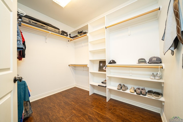 spacious closet with dark hardwood / wood-style flooring