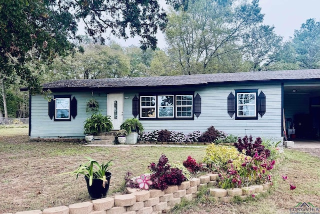 ranch-style house featuring a front yard and a carport