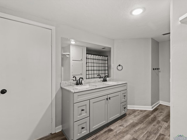 full bathroom with double vanity, baseboards, a sink, and wood finished floors