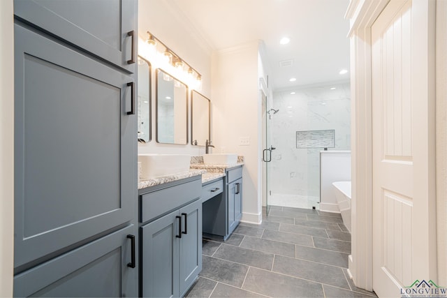 bathroom featuring separate shower and tub, vanity, and crown molding