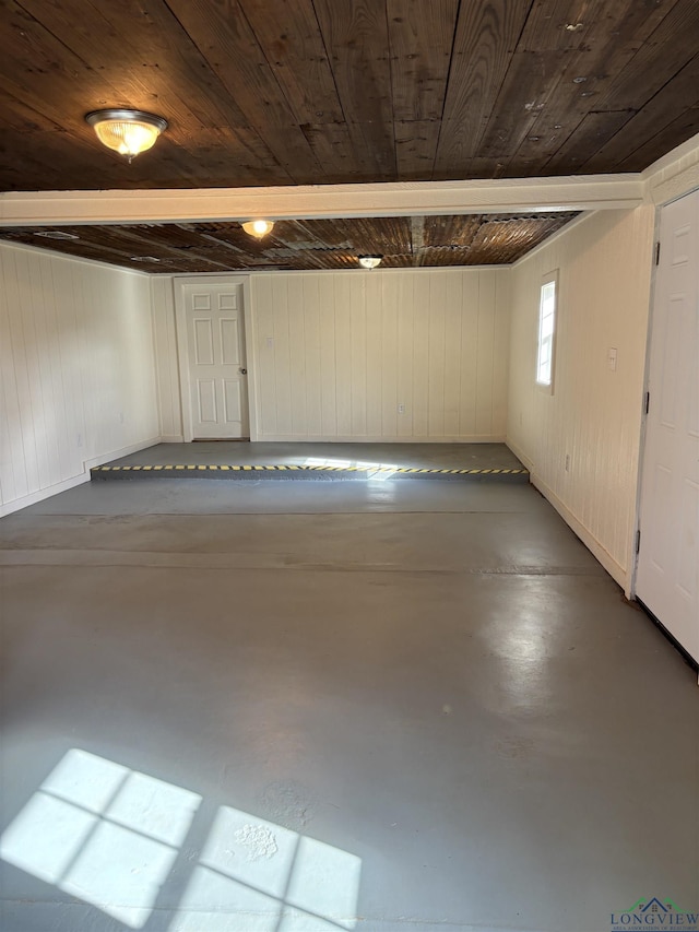 basement with wooden walls and wooden ceiling