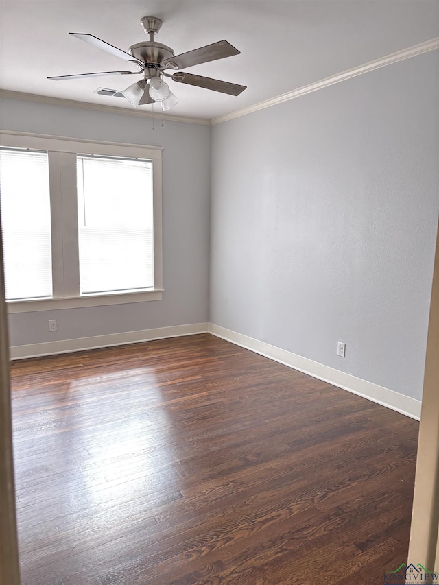 unfurnished room with crown molding, dark hardwood / wood-style flooring, and ceiling fan