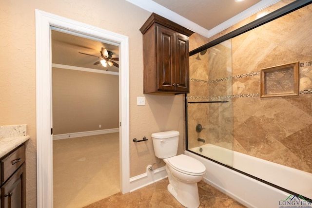 full bathroom with ceiling fan, tile patterned flooring, crown molding, toilet, and shower / bath combination with glass door