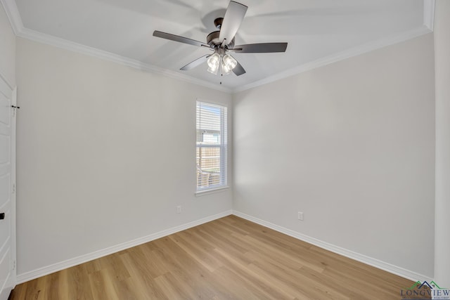 spare room featuring light hardwood / wood-style floors, ceiling fan, and crown molding