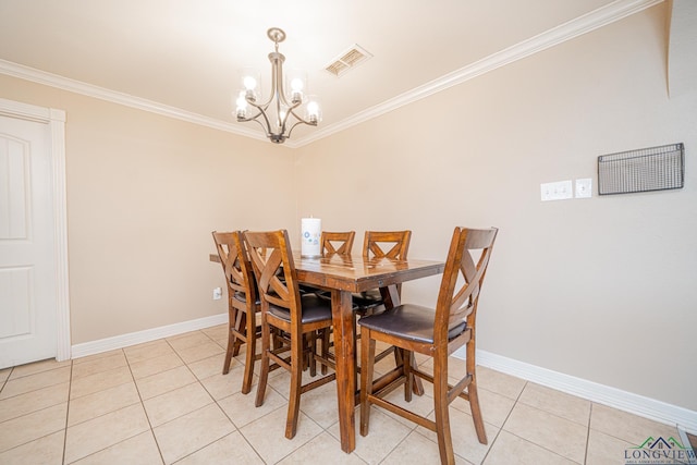 tiled dining area with an inviting chandelier and crown molding