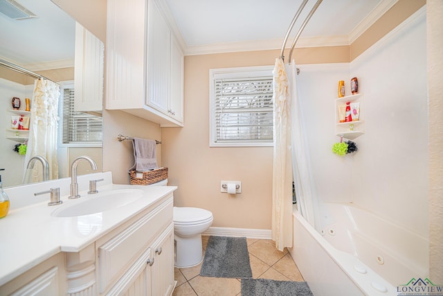 full bathroom featuring tile patterned flooring, toilet, crown molding, vanity, and shower / bath combo